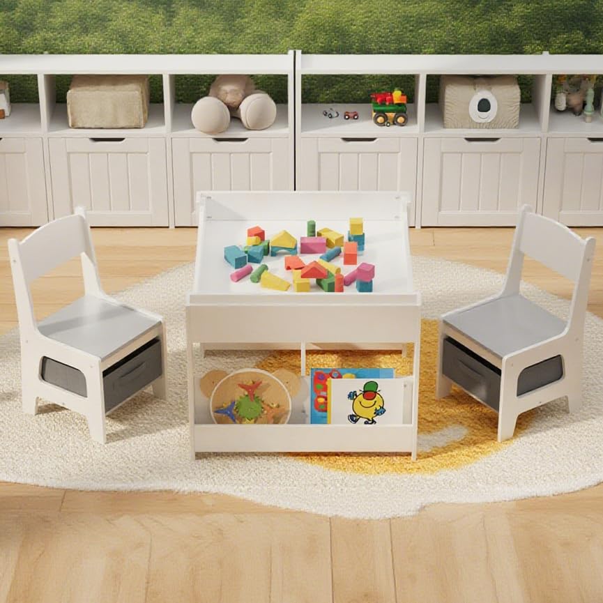 Aiho 3 Piece Child Table and Chair Set, 4-in-1 Kids Table Set, Child Activity Desk with Chalkboard/Whiteboard and Bookshelf - Gray