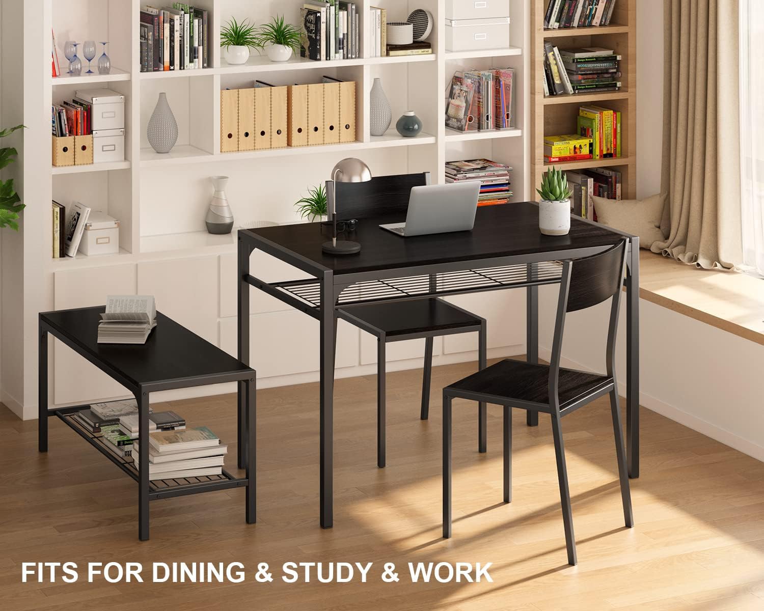 Aiho Dinning Table for 4, Kitchen Table and 2 Chairs for 4 with Bench, 4 Piece Dining Table Set for Small Space, Apartment - Black
