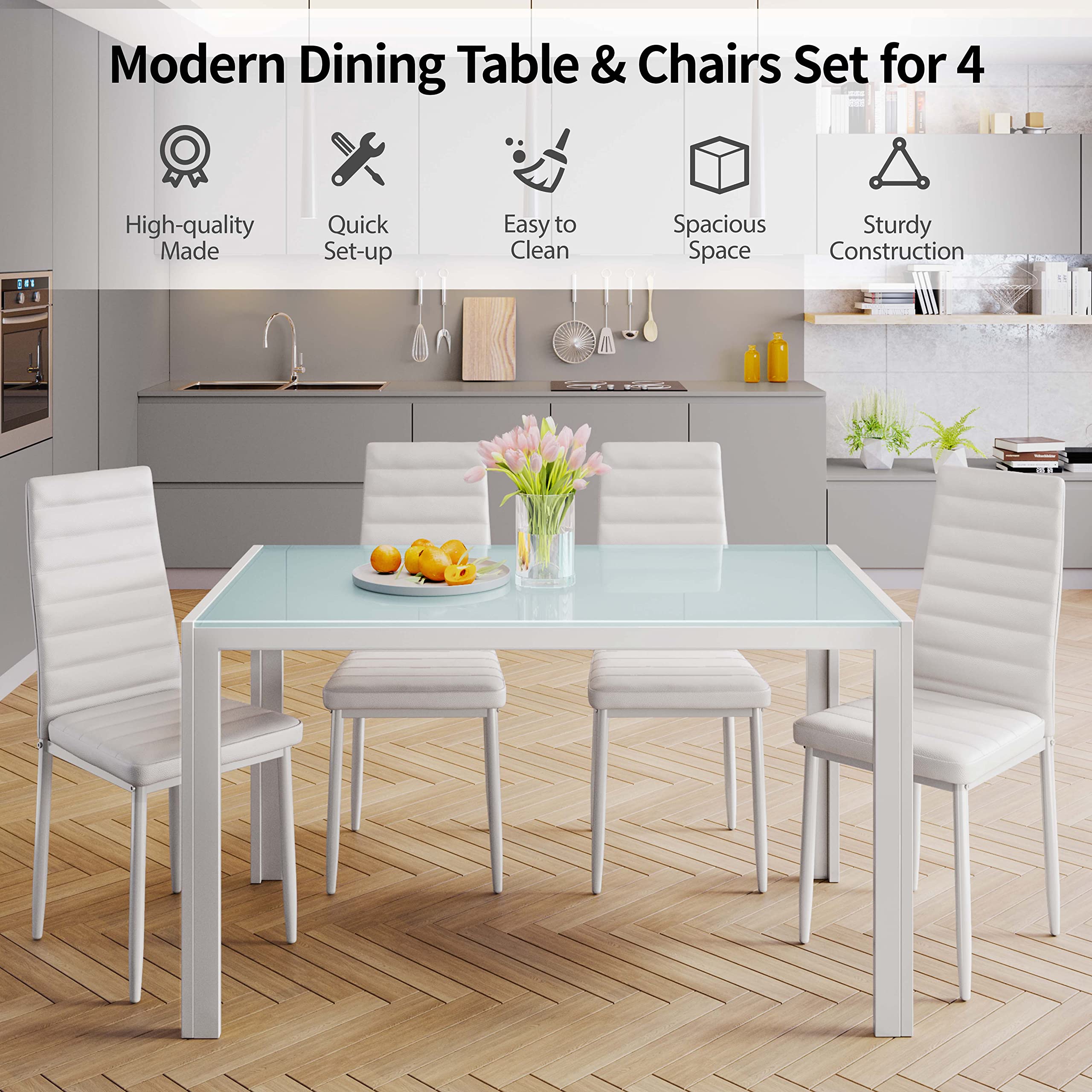 Aiho Dining Table with 6 PU Leather Chairs, Morden Kitchen Table Chairs Set for 6 Person, Perfect for Dining Room, Kitchen, Living Room, White