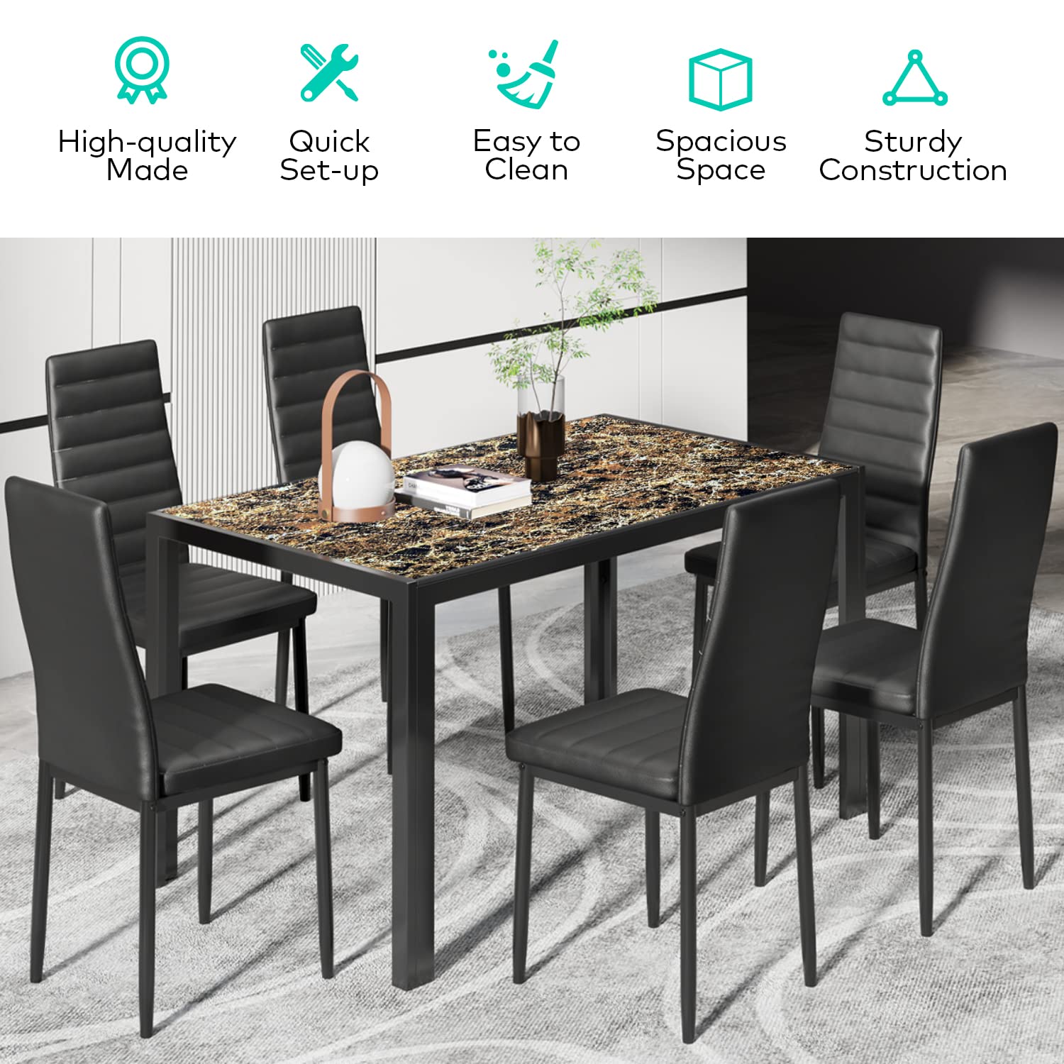 Aiho Dining Table with 6 PU Leather Chairs, Morden Kitchen Table Chairs Set for 6 Person, Perfect for Dining Room, Kitchen, Living Room, Marble