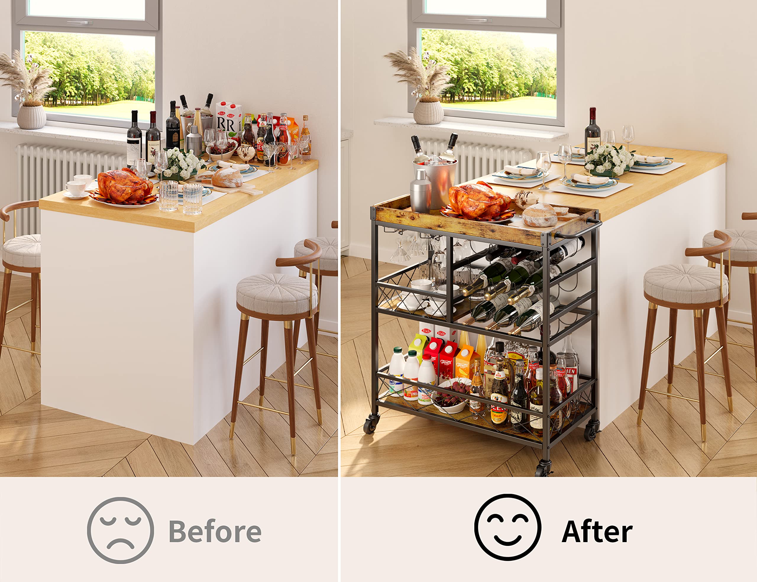 3 Tier 38 "H Metal Bar Serving Cart with Lockable Wheels and 12 Wine Racks