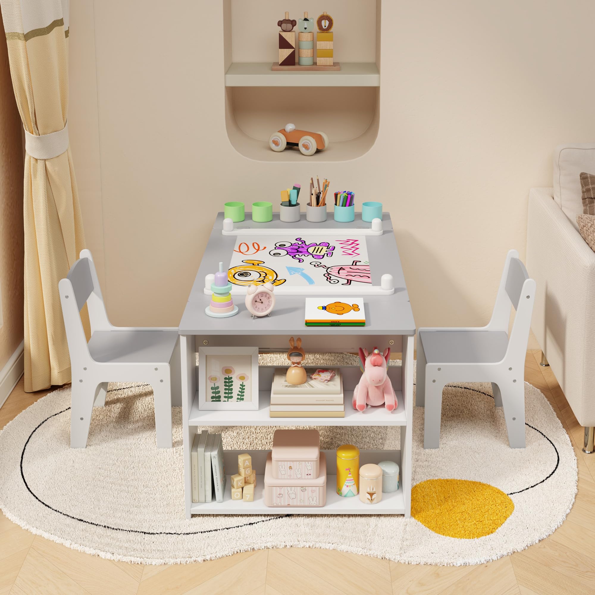 Aiho 3 in 1 Kid Table & Chair Set Drawing, Child Activity Table, Kids Table Set Painting with Cabinet - Grey