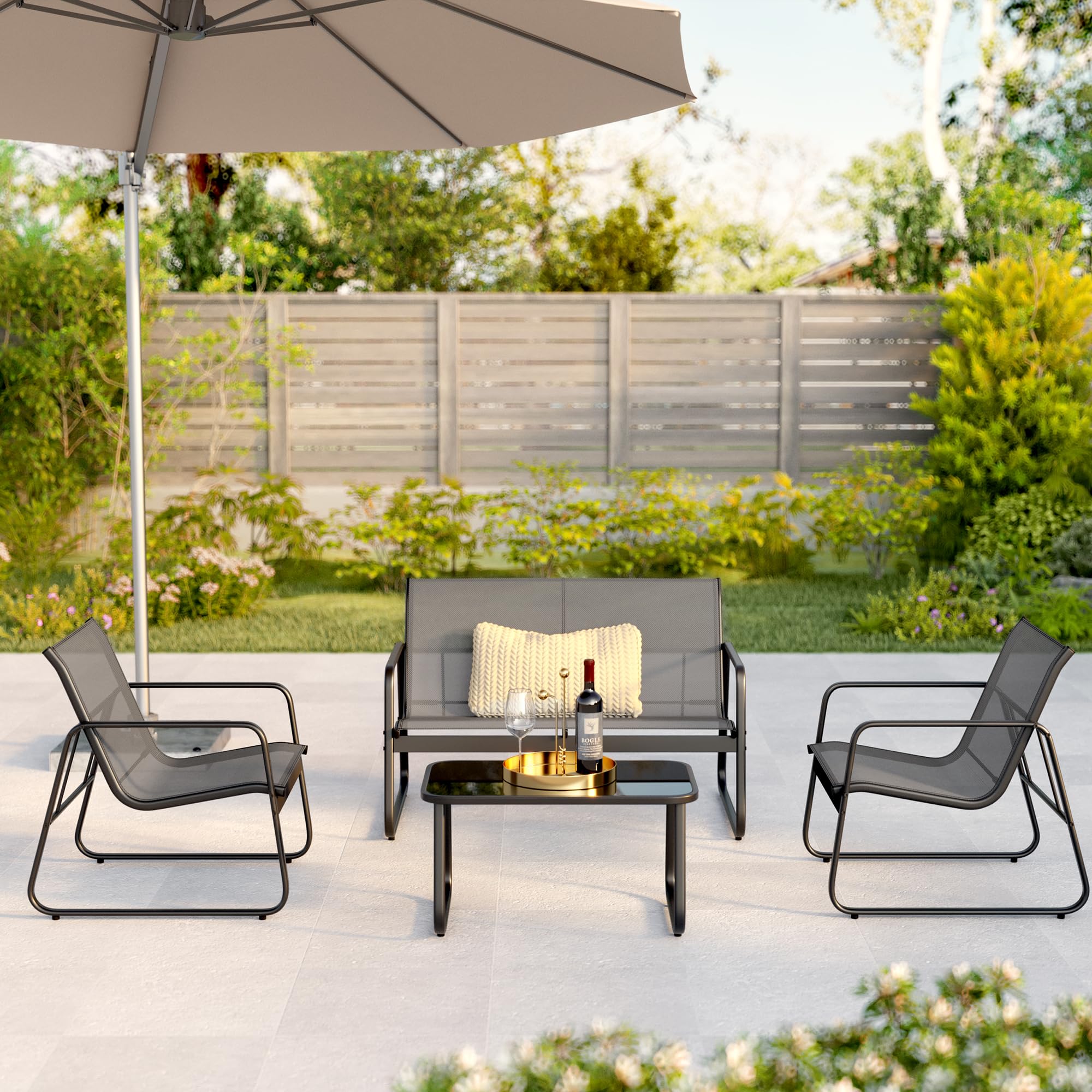 Aiho 3 Pieces Outdoor Patio Furniture Set with Textilene Material, Outdoor Chairs Set of 3 with Tempered Glass Table, Perfect for Garden, Lawn, Patio, Pool, Backyard, Balcony, Porch-Gray