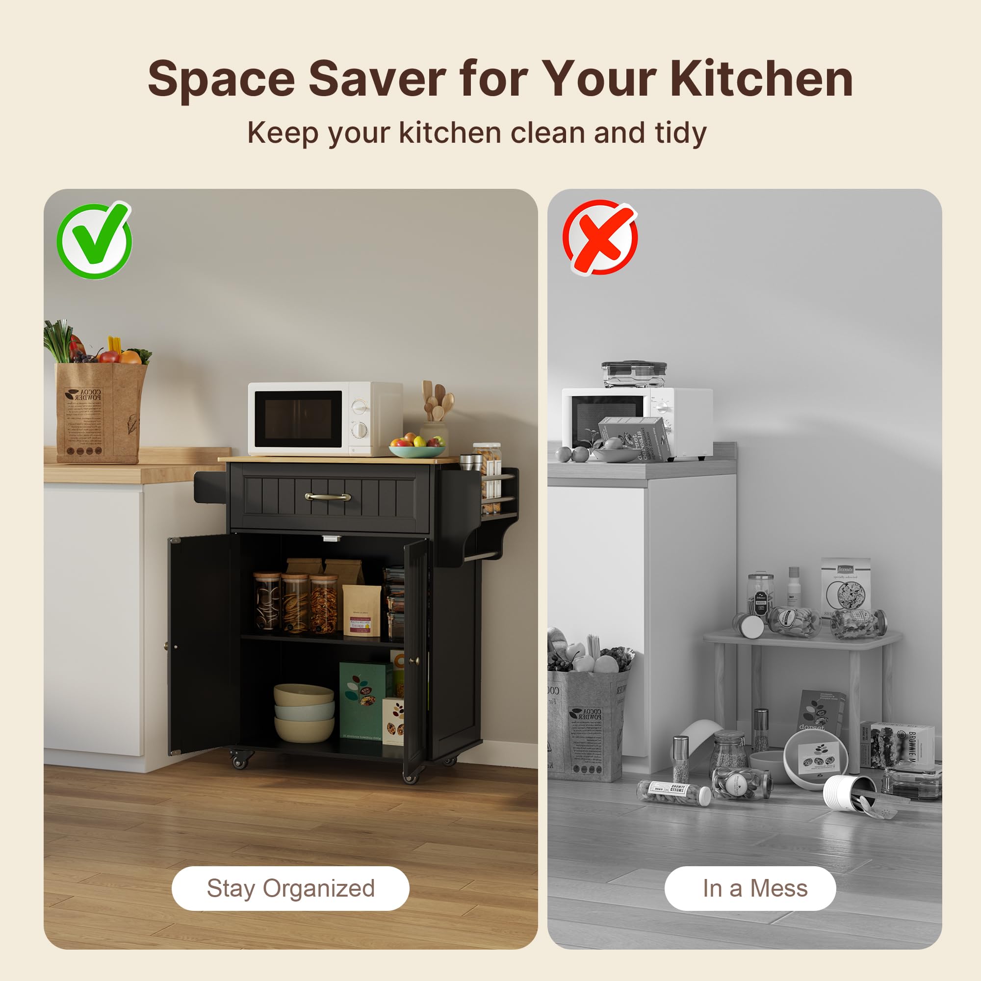 Aiho Kitchen Island with Storage, Microwave Stand with Worktop, Spice Rack & Adjustable Shelves & 1 Drawer, Perfect for Kitchen, Bar, Black