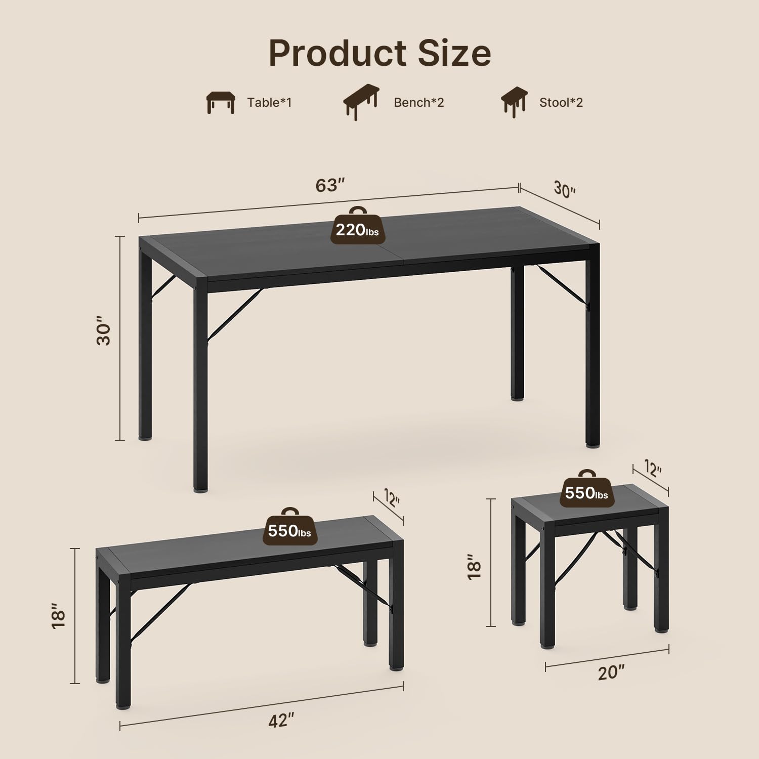 Aiho 63" Dining Table Set for 6, Kitchen Table with 2 Stools & 2 Benches, Wood Dining Room Dinette Sets with Metal Frame for Breakfast Nook and Small Space - Black