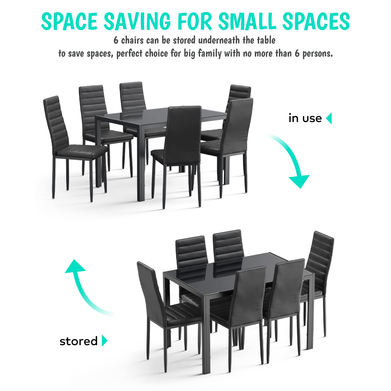 Aiho Dining Table with 6 PU Leather Chairs, Morden Kitchen Table Chairs Set for 6 Person, Perfect for Dining Room, Kitchen, Living Room, Black