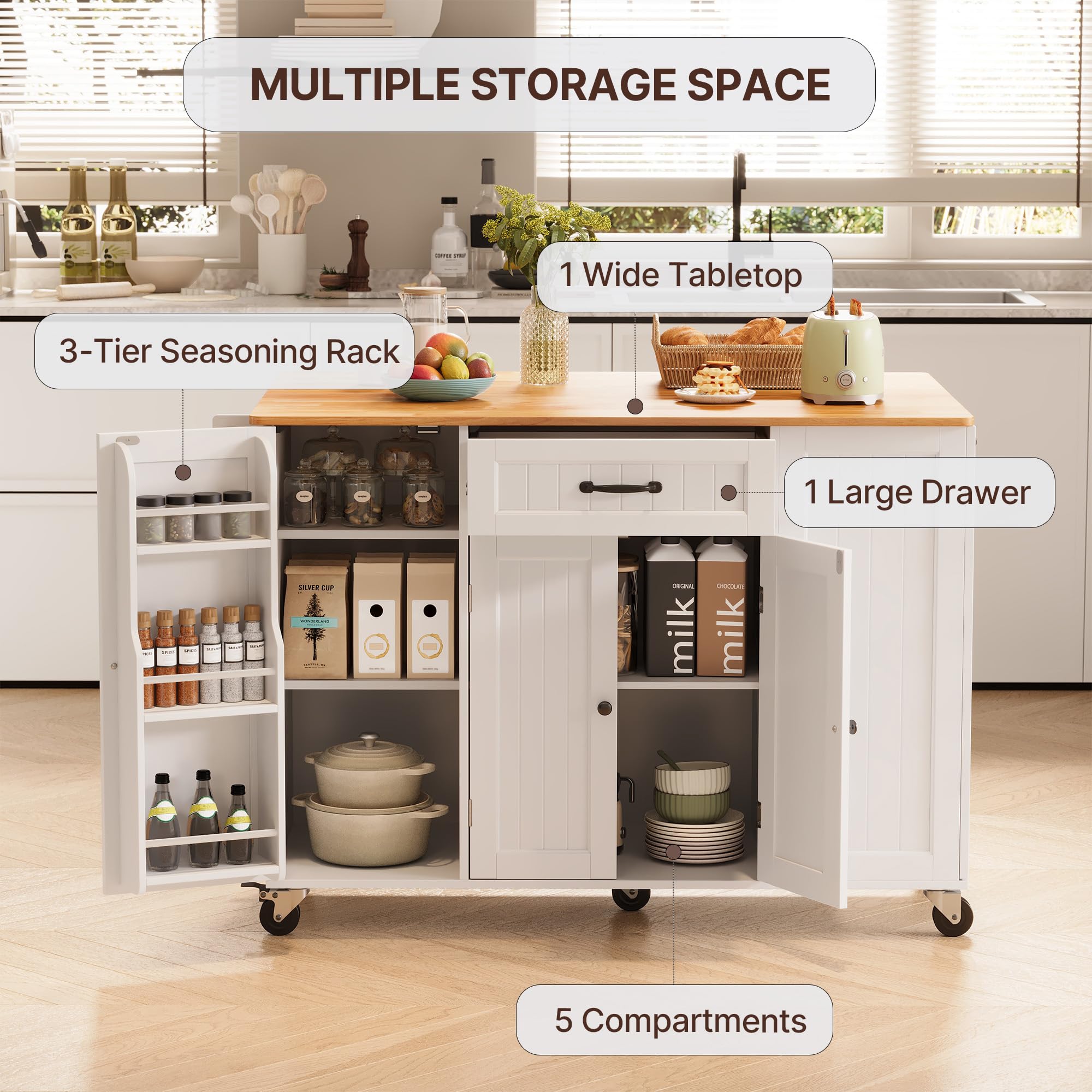 47.2"W Aiho Island Table for Kitchen with Folding Drop Leaf & Spice Rack & Drawer, Kitchen Island with Trash Can Storage for Kichen, Bar, Living Room, White