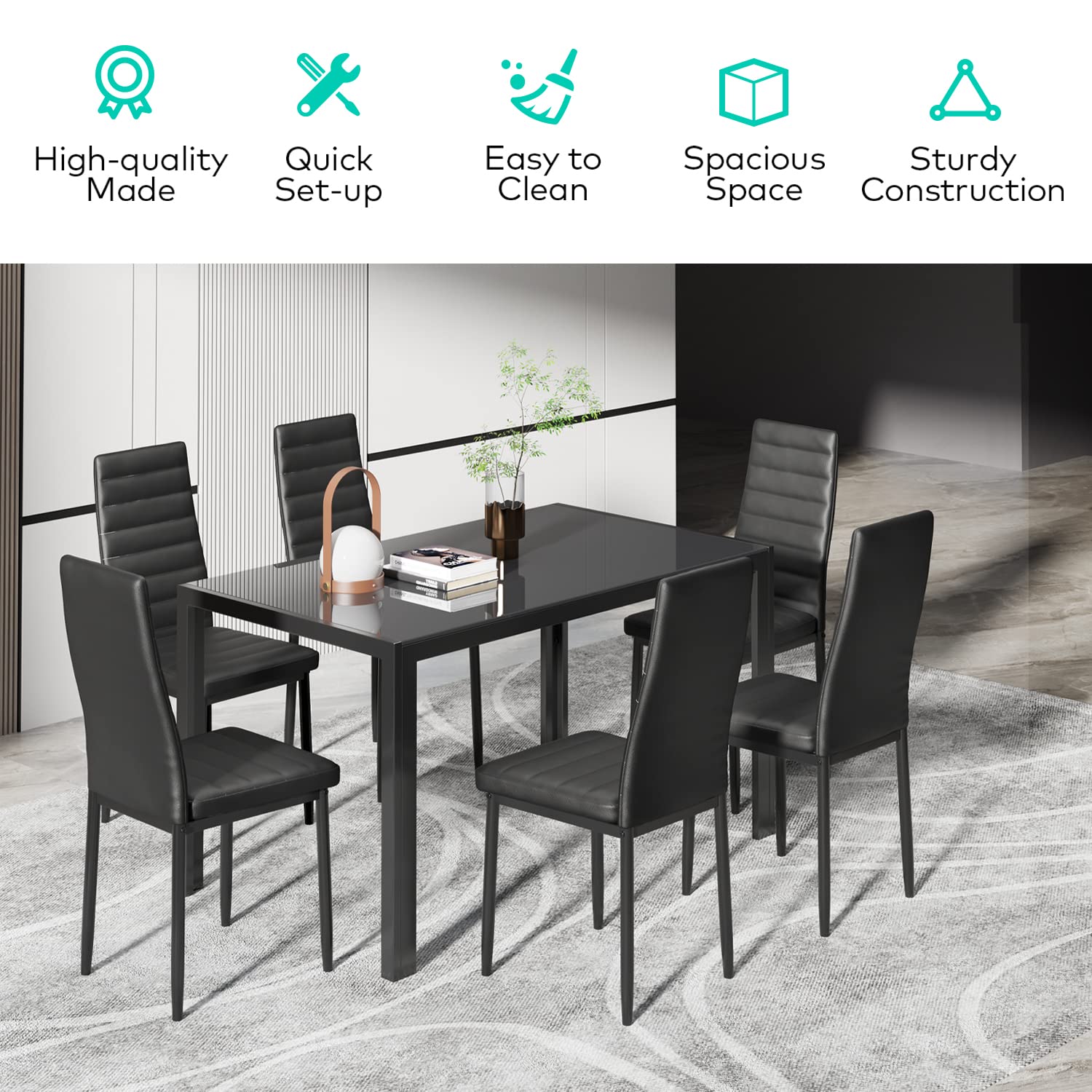 Aiho Dining Table with 6 PU Leather Chairs, Morden Kitchen Table Chairs Set for 6 Person, Perfect for Dining Room, Kitchen, Living Room, Black