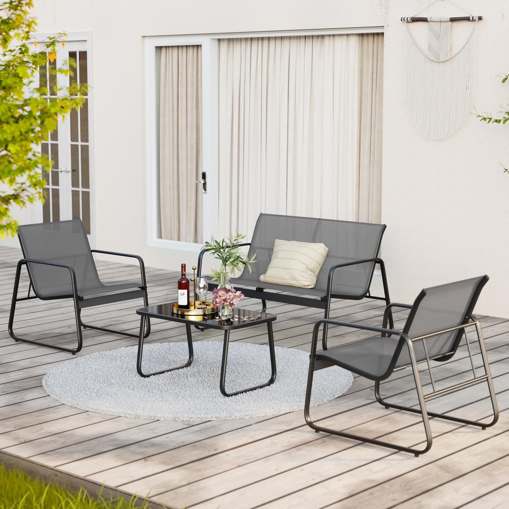 Aiho 3 Pieces Outdoor Patio Furniture Set with Textilene Material, Outdoor Chairs Set of 3 with Tempered Glass Table, Perfect for Garden, Lawn, Patio, Pool, Backyard, Balcony, Porch-Gray