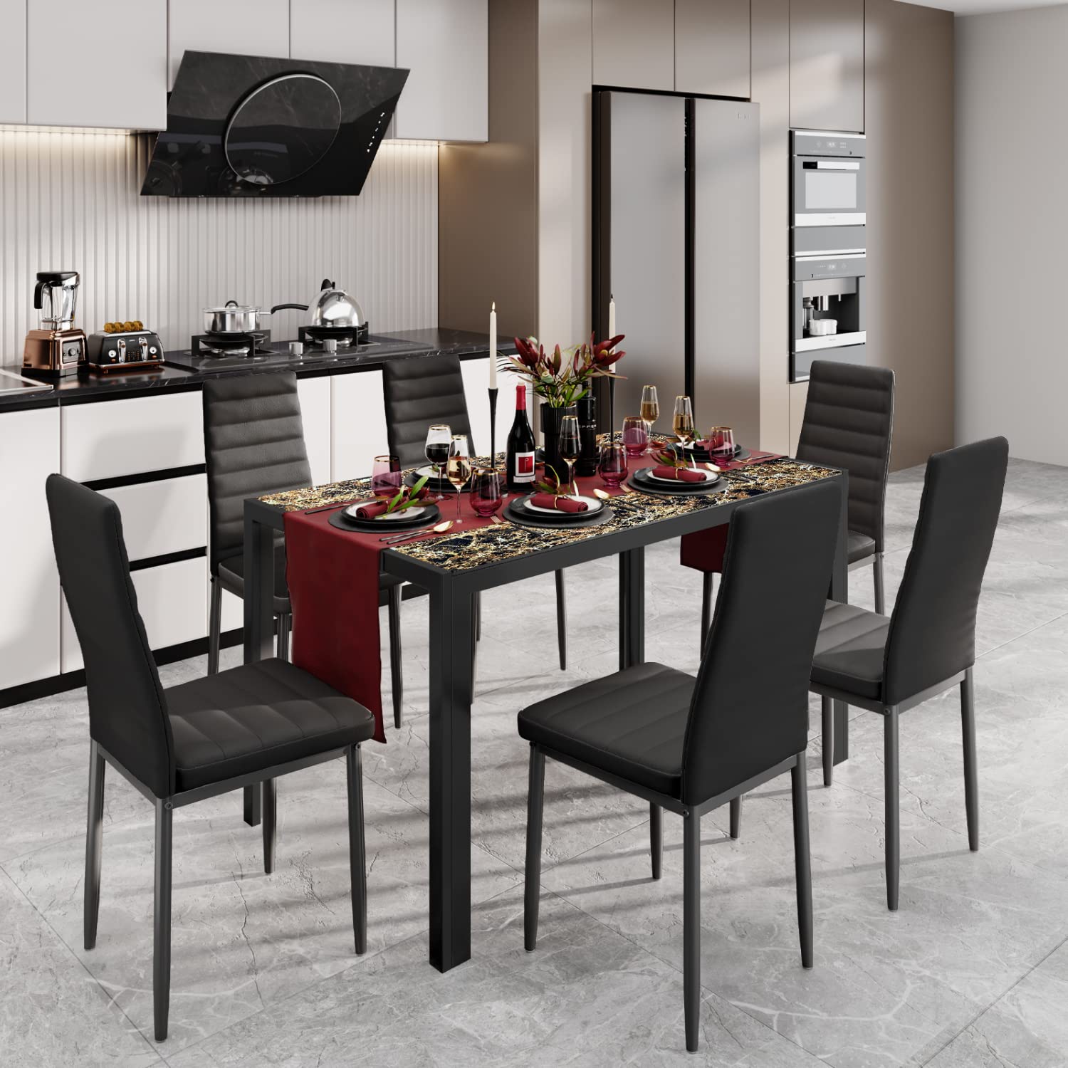 Aiho Dining Table with 6 PU Leather Chairs, Morden Kitchen Table Chairs Set for 6 Person, Perfect for Dining Room, Kitchen, Living Room, Marble