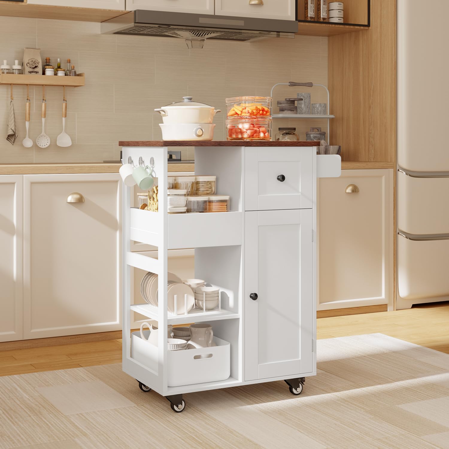 23.6" W Aiho Rolling Kitchen Island on Wheels with Spice Rack, Removable Tray, Drawers, Island Table for Kitchen with Adjustable Shelves, For Kitchen, Dining Room, Coffee Bar, White and Retro Tabletop