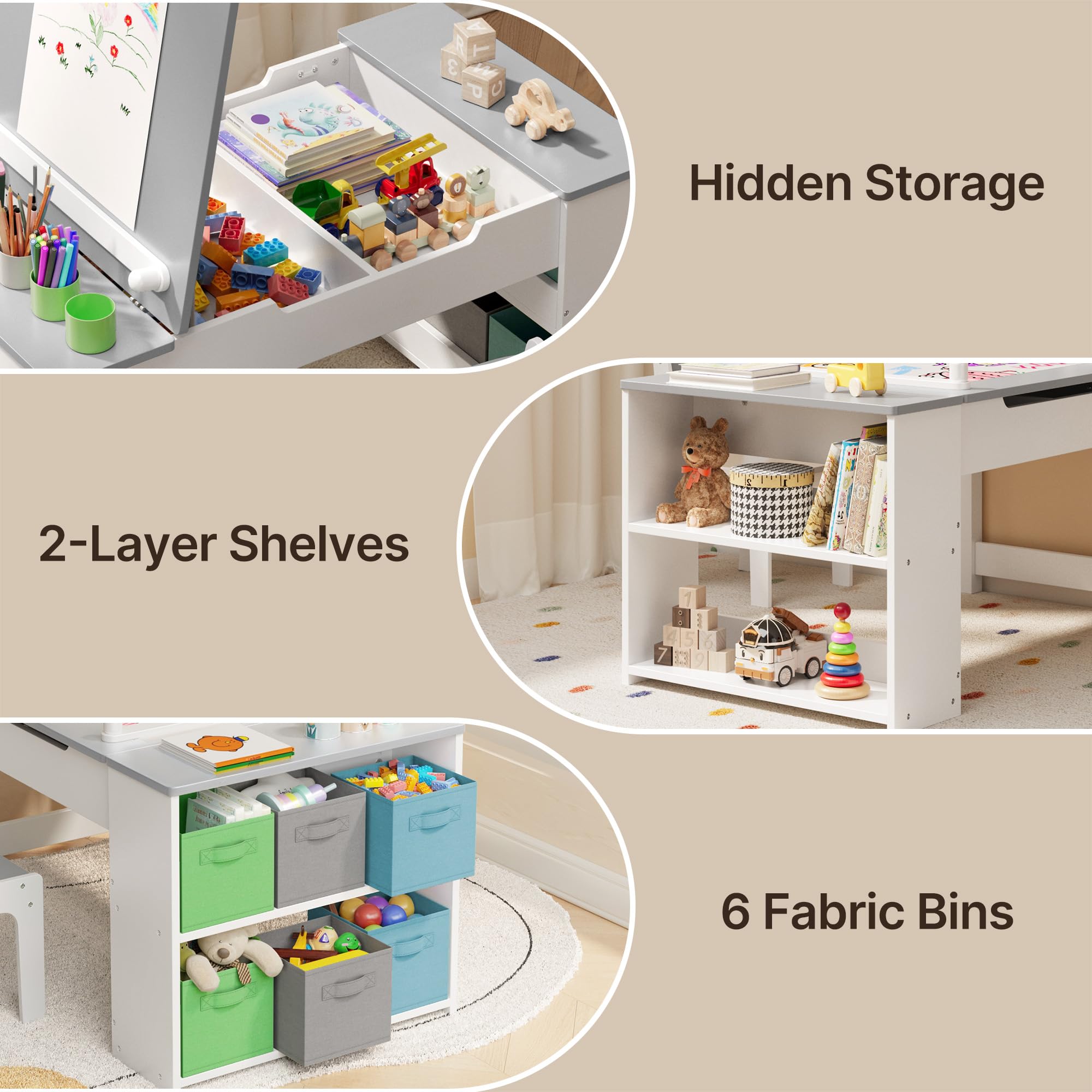 Aiho 3 in 1 Kid Table & Chair Set Drawing, Child Activity Table, Kids Table Set Painting with Cabinet - Grey