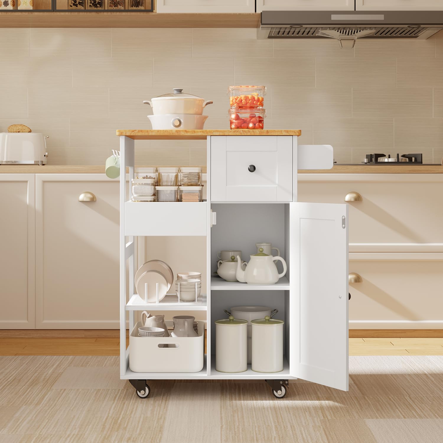 Aiho 17.7" x 33" Kitchen Island Cart with Storage,Rolling Kitchen Island Side Table on Wheels with Worktop,Spice Rack ,Adjustable Shelves and Drawer for Kitchen,Dining Room - Black