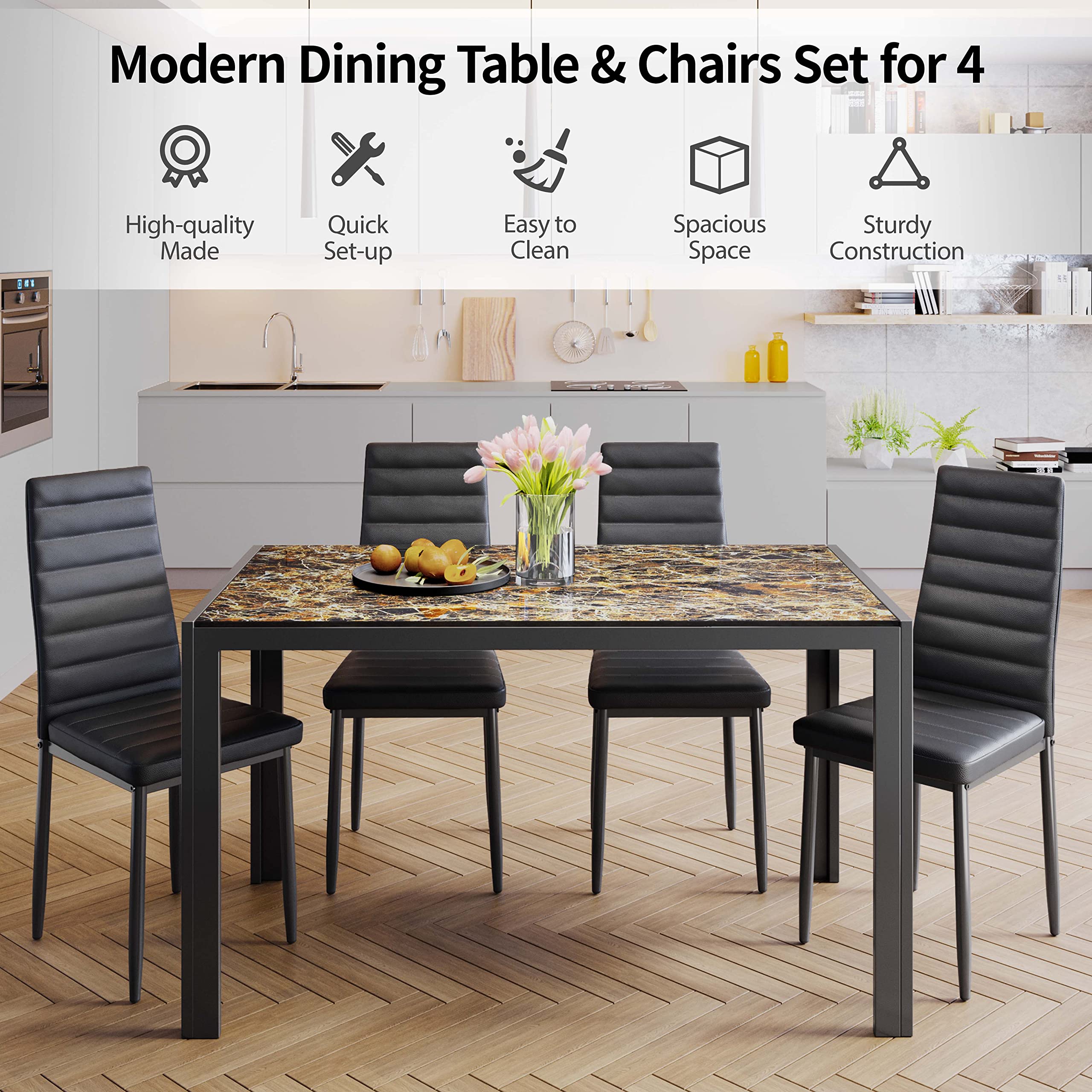 Aiho Dining Table Set for 4, Modern Glass Kitchen Table with 4 Cushioned Chairs , For Dining Room, Kitchen, Living Room - Marble