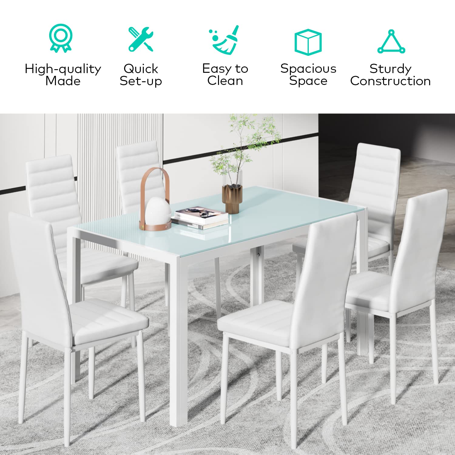Aiho Dining Table with 6 PU Leather Chairs, Morden Kitchen Table Chairs Set for 6 Person, Perfect for Dining Room, Kitchen, Living Room, White
