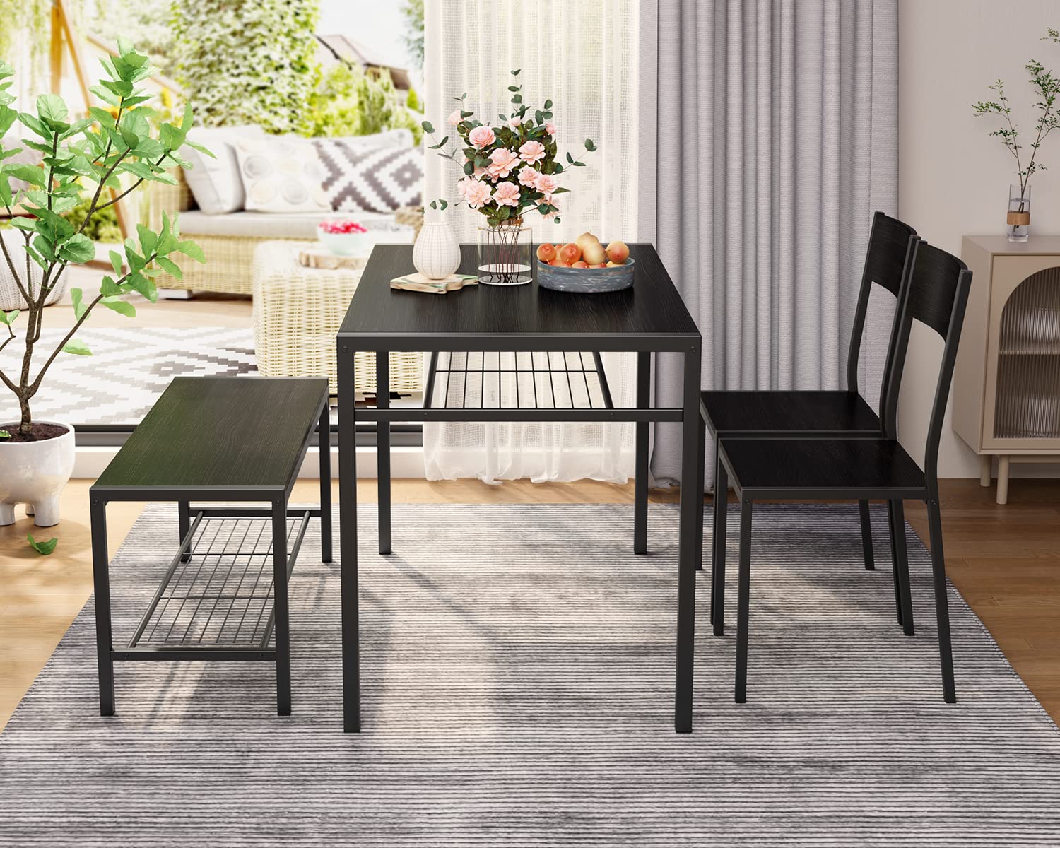 Aiho Dinning Table for 4, Kitchen Table and 2 Chairs for 4 with Bench, 4 Piece Dining Table Set for Small Space, Apartment - Black