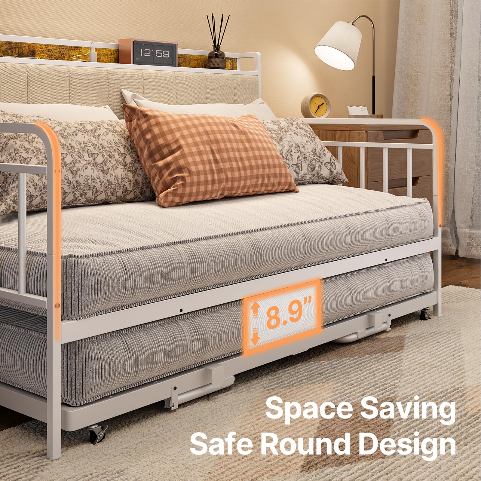 Aiho Daybed with Trundle, Twin Day Bed Frame with Storage Headboard and Charging Station, Sturdy Metal Sofa Bed with Pull-Out Trundle for Living Room, Bedroom and Guest Room - Beige