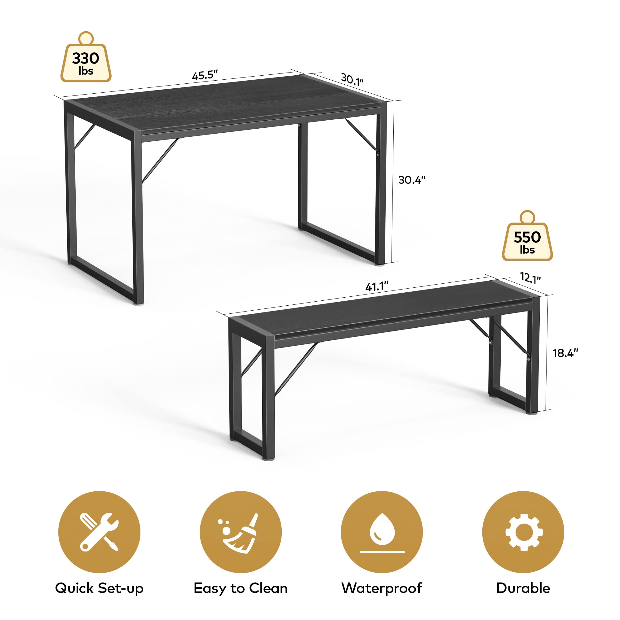 Aiho 3 Piece Kitchen Dining Set with 2 Benches &amp; Wood Table Top, Small Kitchen Table Set for 4, Modern Dining Room Sets for Kitchen, Living Room - Black