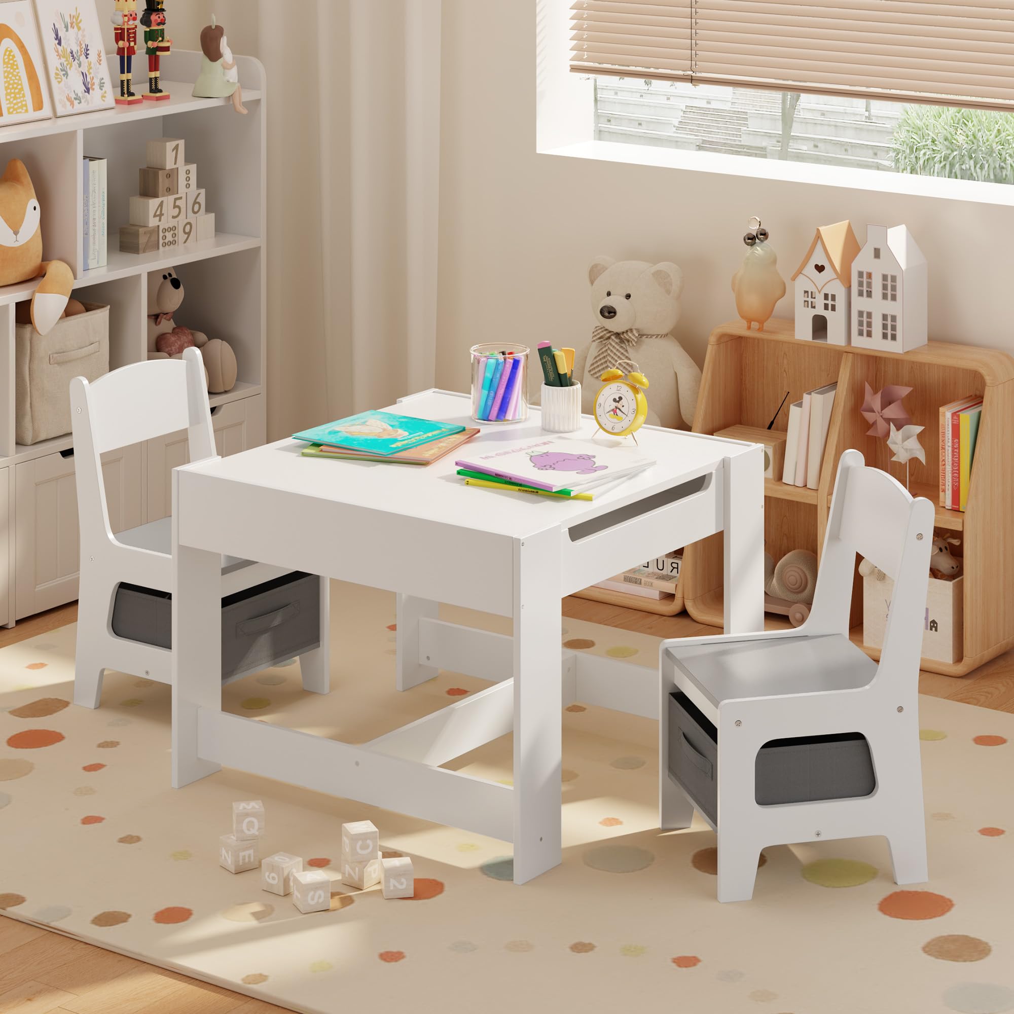 Aiho Kids Table and 2 Chairs Set, 4-in-1 Kids Table Set, Child Activity Desk with Chalkboard/Whiteboard - Gray