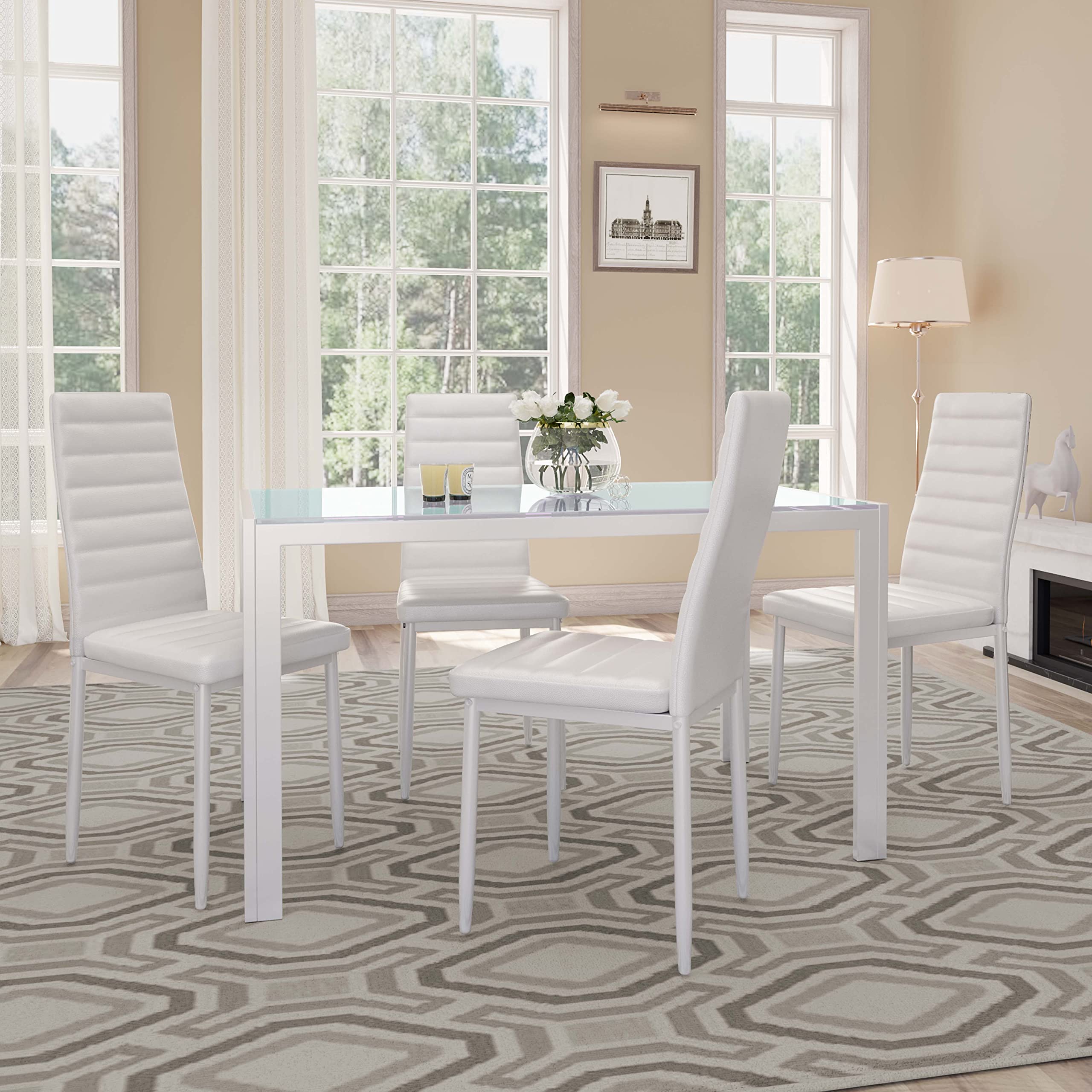 Aiho Dining Table with 6 PU Leather Chairs, Morden Kitchen Table Chairs Set for 6 Person, Perfect for Dining Room, Kitchen, Living Room, White