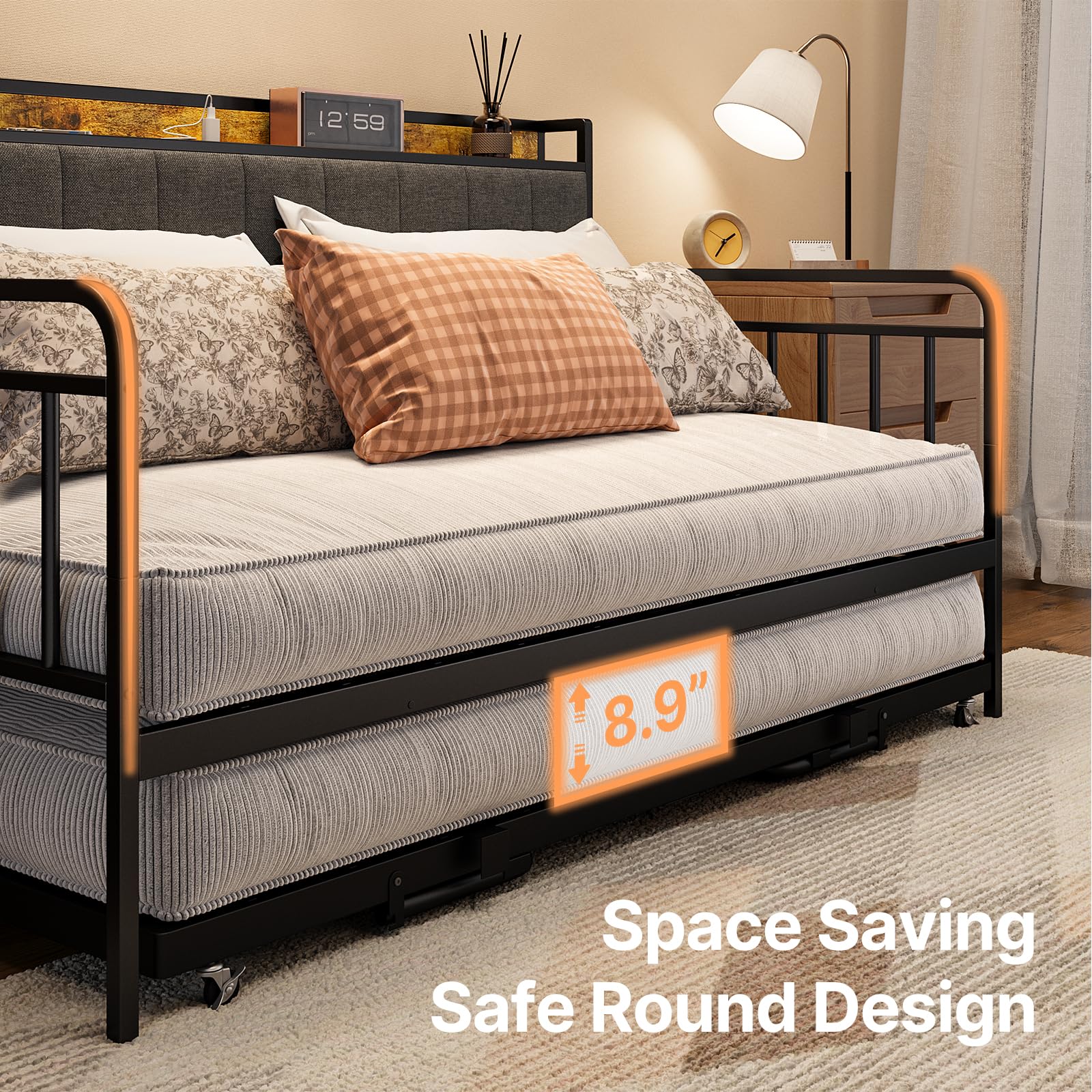 Aiho Daybed with Trundle, Twin Day Bed Frame with Storage Headboard and Charging Station, Sturdy Metal Sofa Bed with Pull-Out Trundle for Living Room, Bedroom and Guest Room - Grey