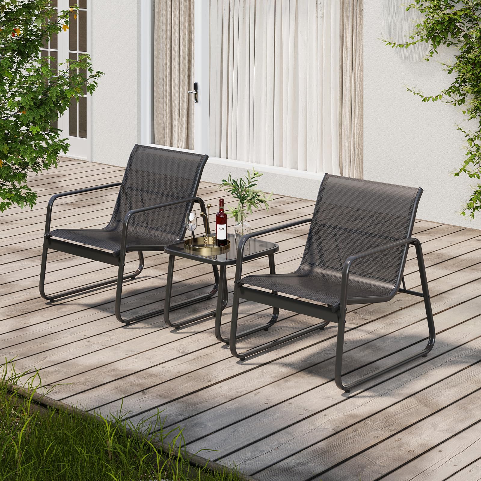Aiho 3 Pieces Outdoor Patio Furniture Set with Textilene Material, Outdoor Chairs Set of 3 with Tempered Glass Table, Perfect for Garden, Lawn, Patio, Pool, Backyard, Balcony, Porch-Black