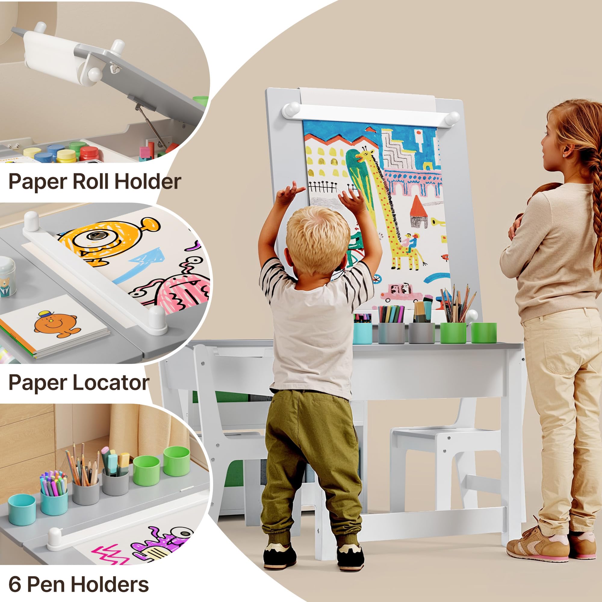 Aiho 3 in 1 Kid Table & Chair Set Drawing, Child Activity Table, Kids Table Set Painting with Cabinet - Grey