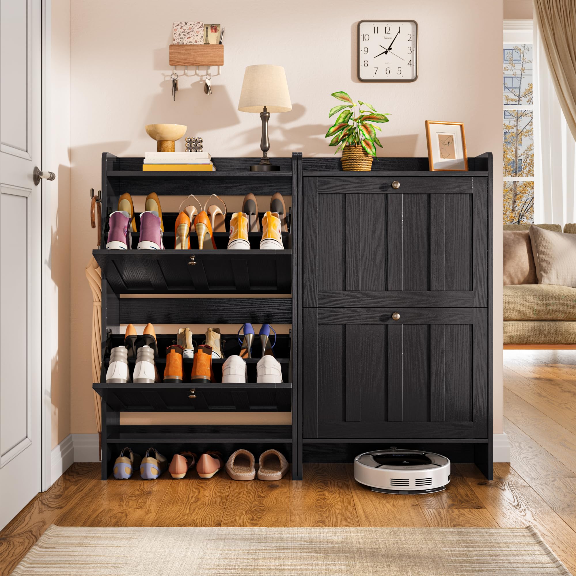 Aiho Shoe Storage Cabinet with 2 Flip Drawers and Open Storage, MDF Wood Narrow Shoe Cabinet, For Foyer, Hallway, Porch, Living Room, Balcony, Bedroom-Black