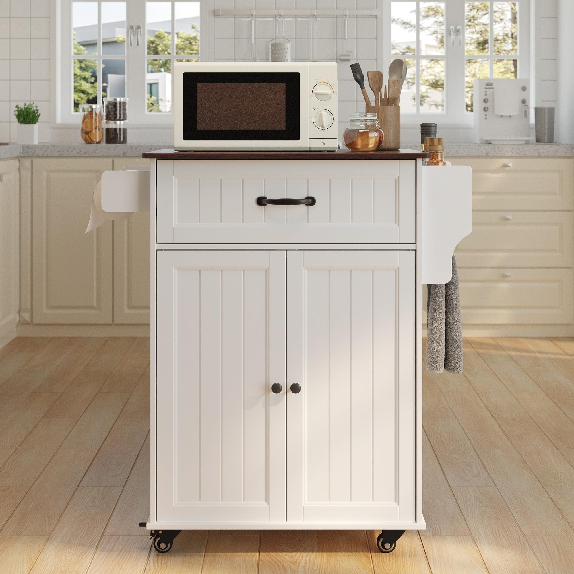 Aiho Kitchen Island with Storage, Microwave Stand with Worktop, Spice Rack & Adjustable Shelves & 1 Drawer, Perfect for Kitchen, Bar, Retro Tabletop