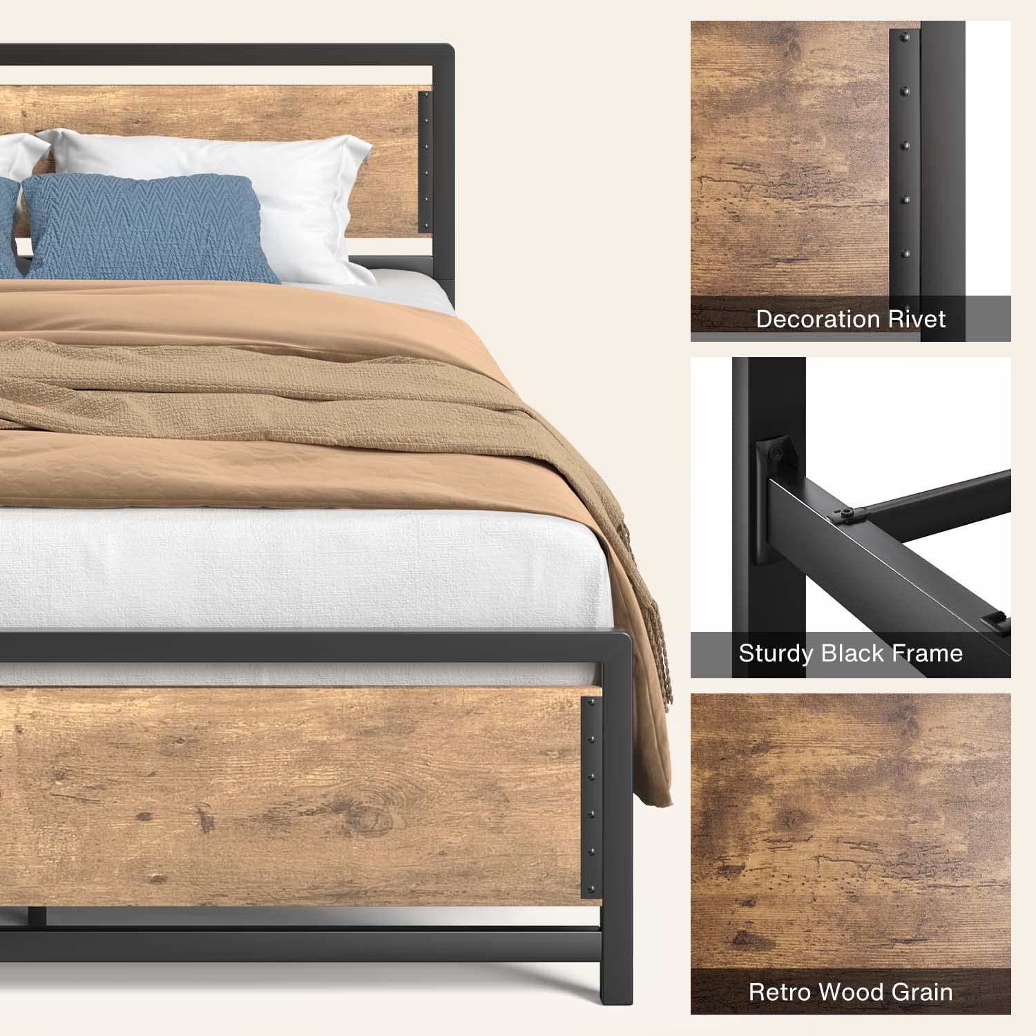 Aiho Full Size Metal Platform Bed Frame with Square Frame Wooden Headboard&Footboard, 10.8" Under-bed Storage Space - Brown