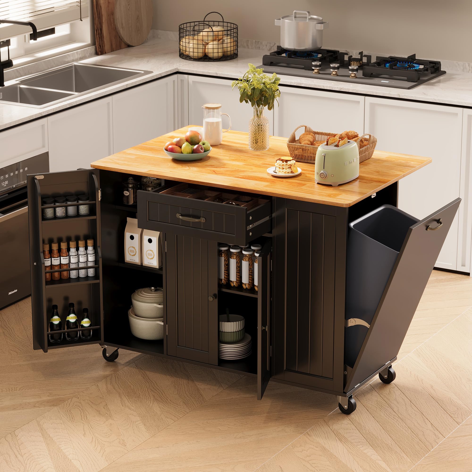 47.2"W Aiho Island Table for Kitchen with Folding Drop Leaf & Spice Rack & Drawer, Kitchen Island with Trash Can Storage for Kichen, Bar, Living Room, Black