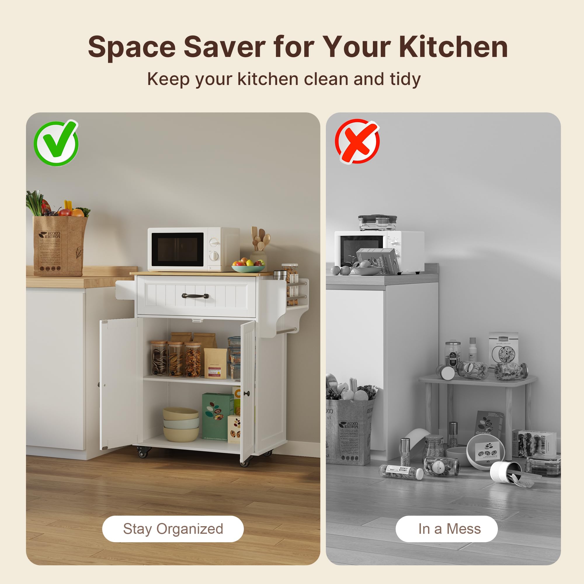 Aiho Kitchen Island Cart with Storage,Rolling Kitchen Island Side Table on Wheels with Worktop,Spice Rack ,Adjustable Shelves and Drawer for Kitchen,Dining Room - White