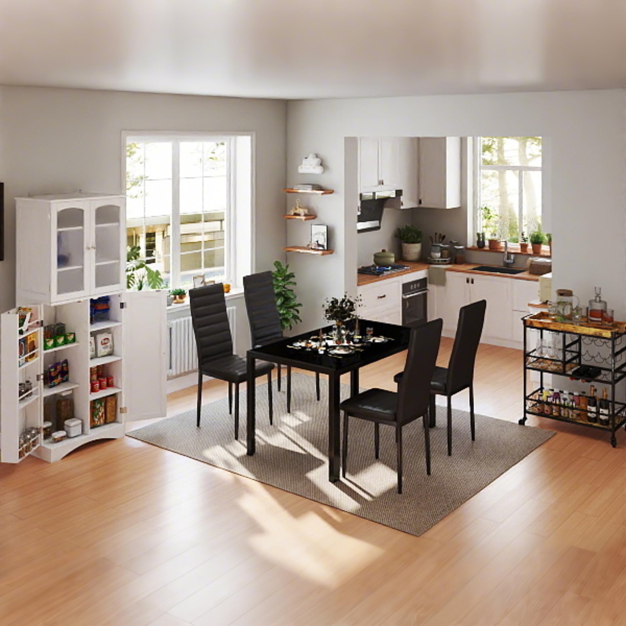 Aiho 5 Piece Kitchen Dining Set with 4 PU Leather Chairs and Glass Table Top, Glass Dining Set for 4, Modern Dining Room Sets for Kitchen, Living Room - Black