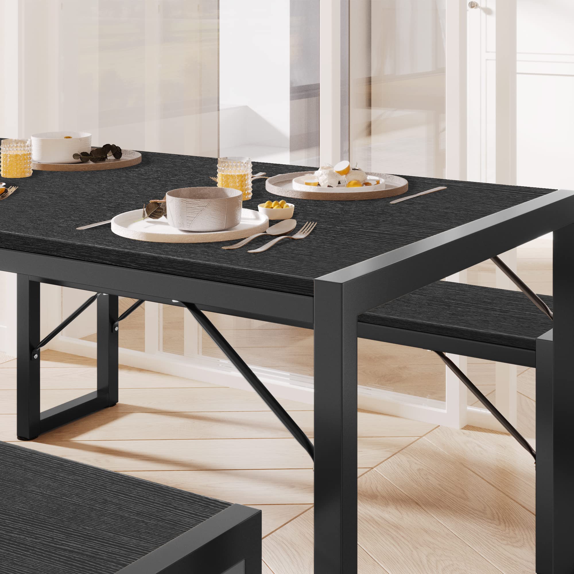 Aiho 3 Piece Kitchen Dining Set with 2 Benches &amp; Wood Table Top, Small Kitchen Table Set for 4, Modern Dining Room Sets for Kitchen, Living Room - Black