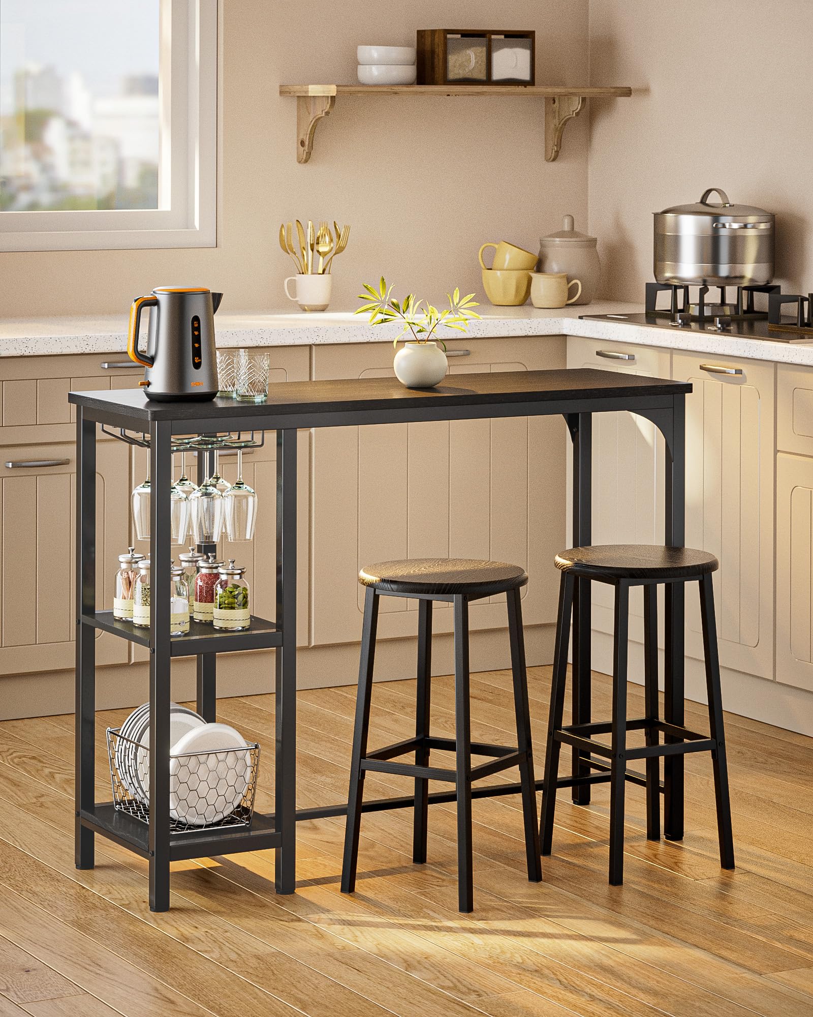 Aiho Dining Table Set for 2 Person, 3 Pieces Bar Bar Table and Chairs Set with 2 Storage Shelves & Glass Rack, For Kitchen, Dining Room, Bar, Black