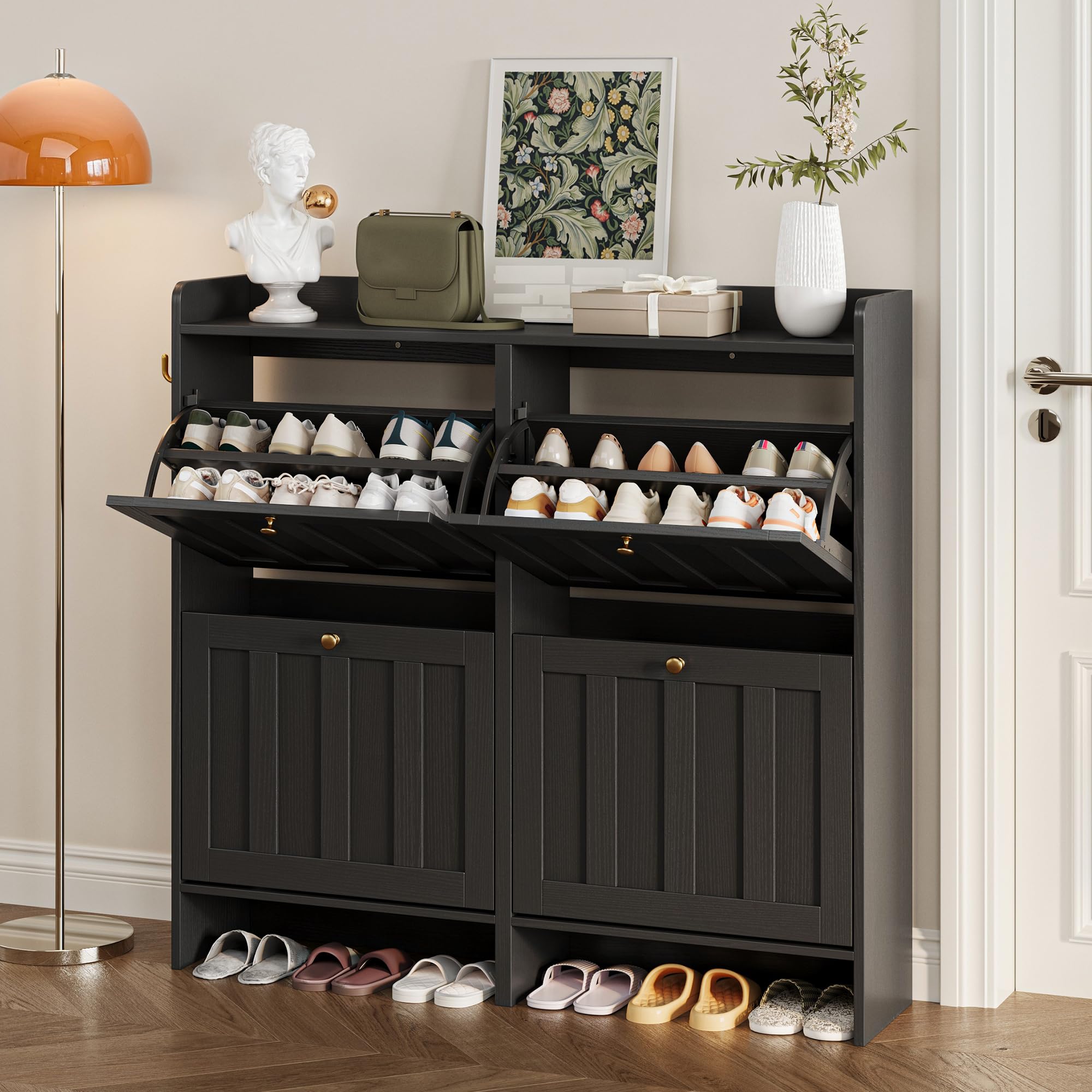 Aiho Shoe Storage Cabinet with 4 Flip Drawers and with Open Storage, MDF Wood Narrow Shoe Cabinet, For Foyer, Hallway, Porch, Living Room, Balcony, Bedroom-Black