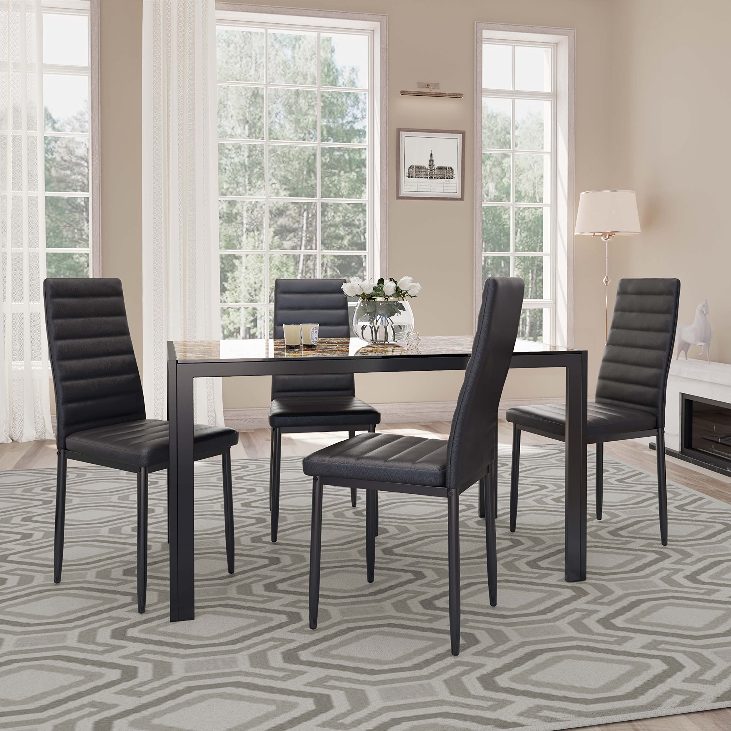 Aiho Dining Table Set for 4, Modern Glass Kitchen Table with 4 Cushioned Chairs , For Dining Room, Kitchen, Living Room - Marble