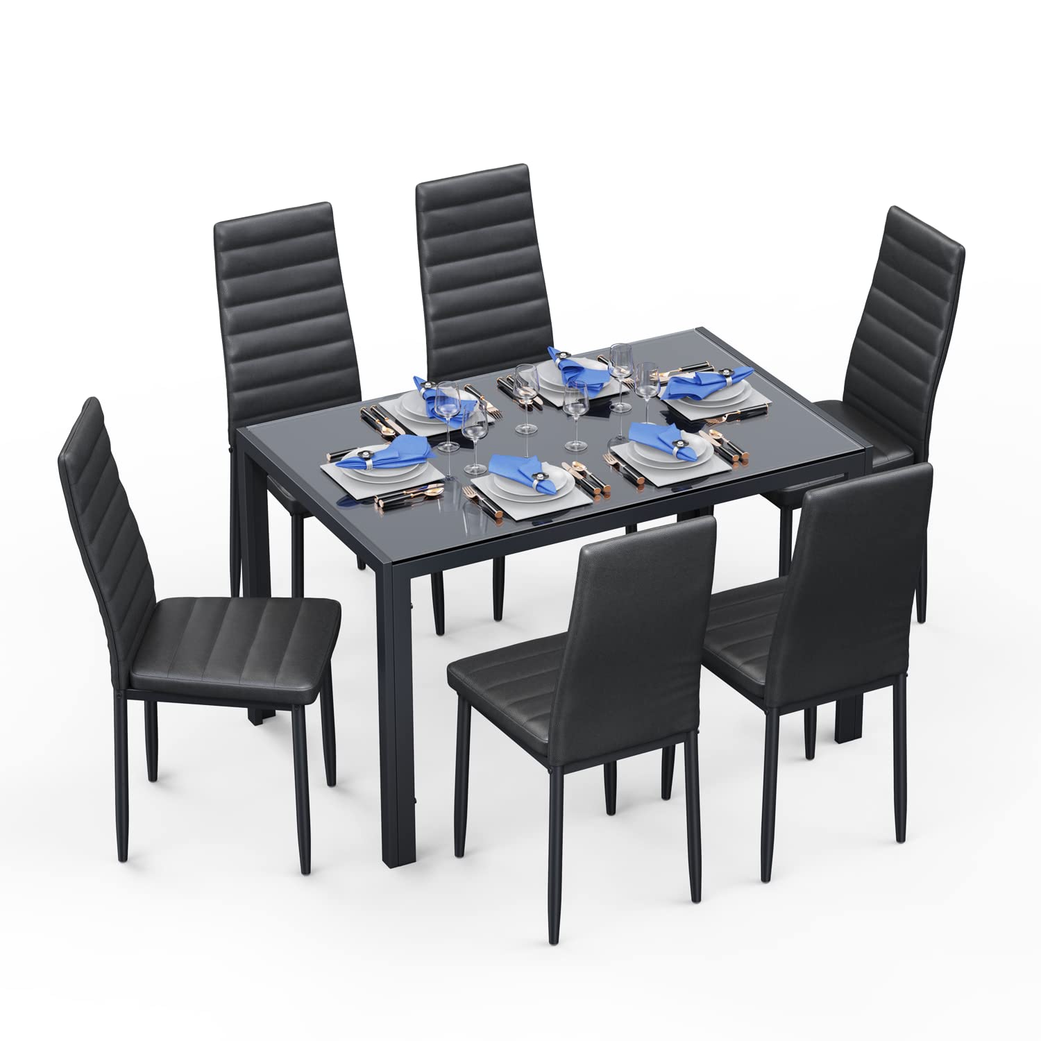 Aiho Dining Table with 6 PU Leather Chairs, Morden Kitchen Table Chairs Set for 6 Person, Perfect for Dining Room, Kitchen, Living Room, Black