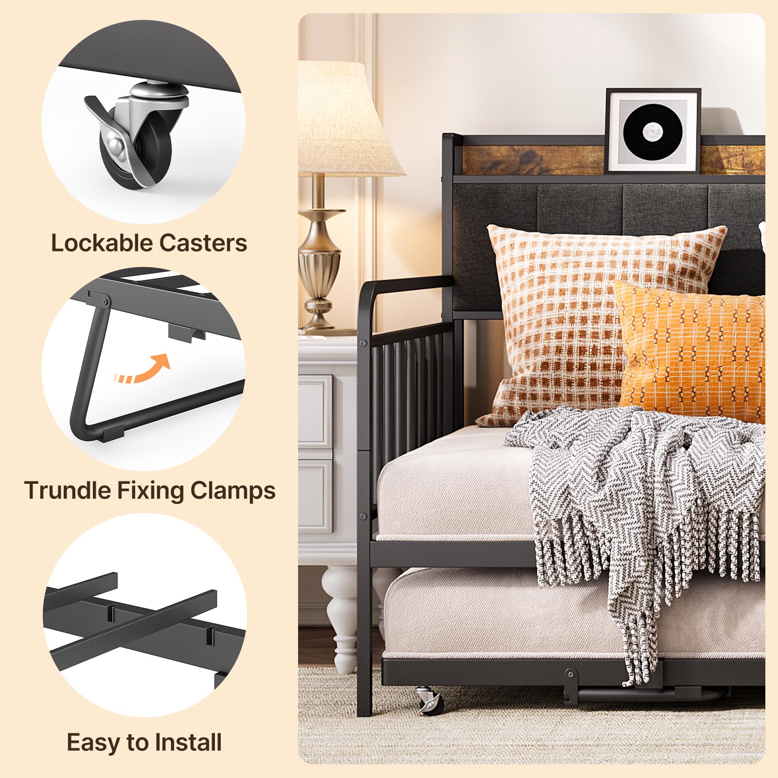 Aiho Daybed with Trundle, Twin Day Bed Frame with Storage Headboard and Charging Station, Sturdy Metal Sofa Bed with Pull-Out Trundle for Living Room, Bedroom and Guest Room - Grey