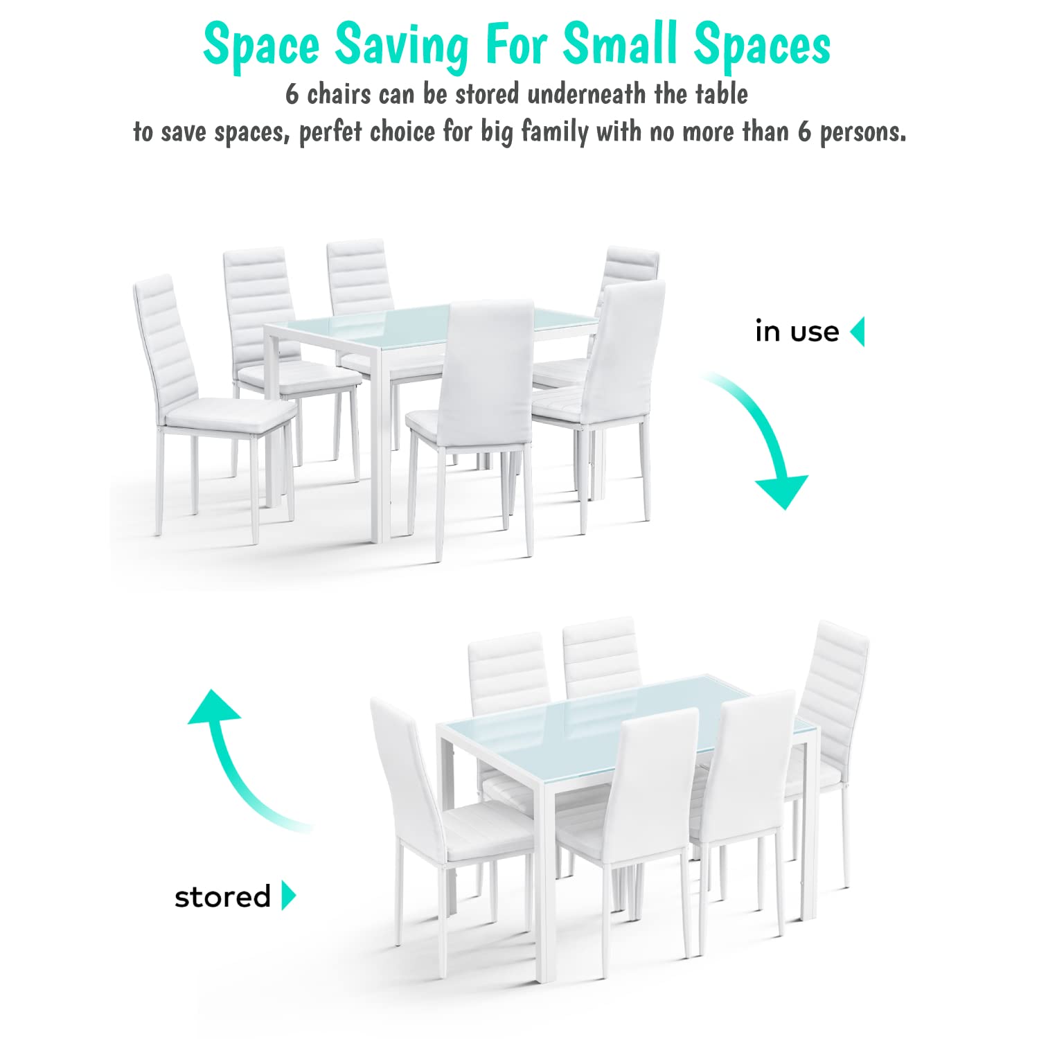 Aiho Dining Table with 6 PU Leather Chairs, Morden Kitchen Table Chairs Set for 6 Person, Perfect for Dining Room, Kitchen, Living Room, White