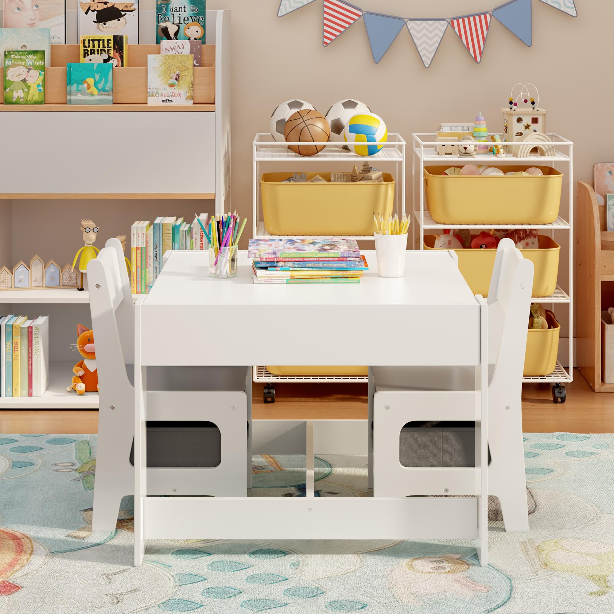 Aiho Kids Table and 2 Chairs Set, 4-in-1 Kids Table Set, Child Activity Desk with Chalkboard/Whiteboard - Gray