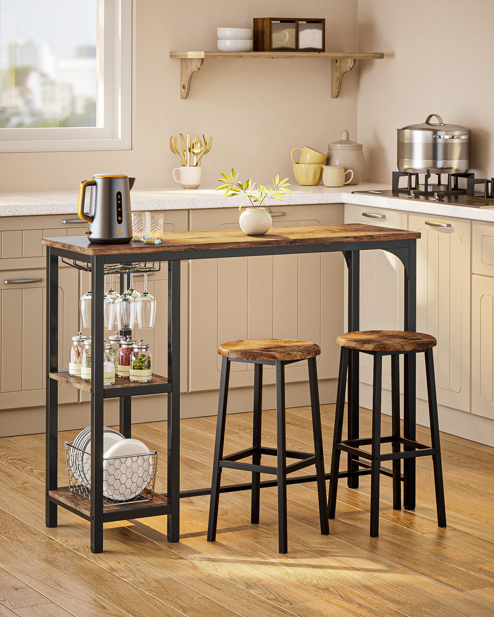 Aiho Dining Table Set for 2 Person, 3 Pieces Bar Bar Table and Chairs Set with 2 Storage Shelves & Glass Rack, For Kitchen, Dining Room, Bar, Rustic Brown