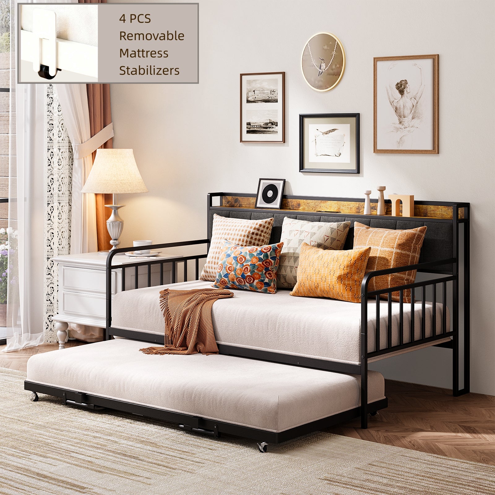 Aiho Daybed with Trundle, Twin Day Bed Frame with Storage Headboard and Charging Station, Sturdy Metal Sofa Bed with Pull-Out Trundle for Living Room, Bedroom and Guest Room - Grey